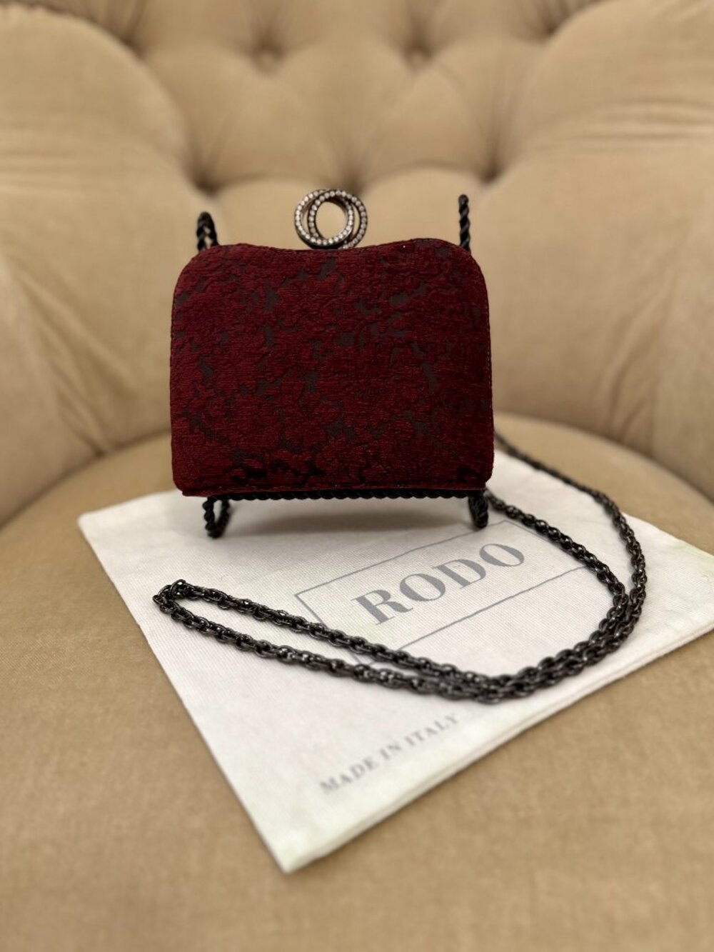 VTG Auth. RODO ITALY Velvet Floral Brocade Crystal Minaudiere Bag
